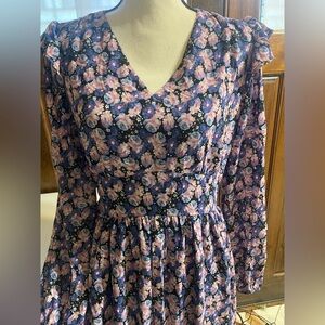 NWOT Elegant Floral Long Sleeve V Neck Maxi Dress, Flowy Slit Ruched High Waist